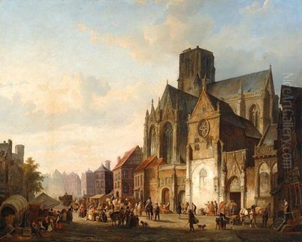 A View Of A City With Many Figures On A Church Square Oil Painting by Cornelis Springer