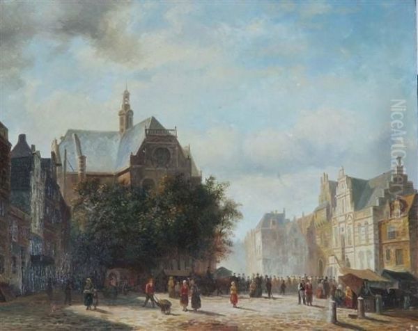 Dutch Market Town With Numerous Figures Oil Painting by Cornelis Springer