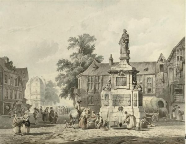 View Of A Town Square With Villagers Oil Painting by Cornelis Springer