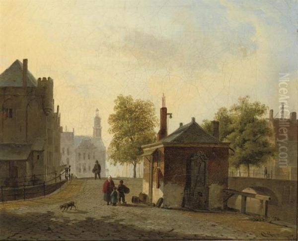 Townspeople In A Sunlit Dutch City Street Oil Painting by Cornelis Springer