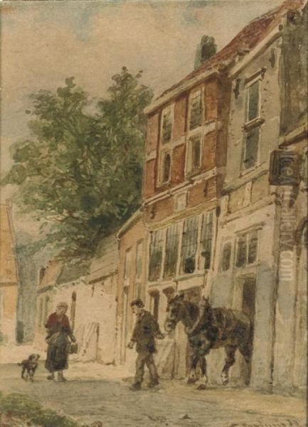 Figures On A Sunlit Street, Culemborg Oil Painting by Cornelis Springer