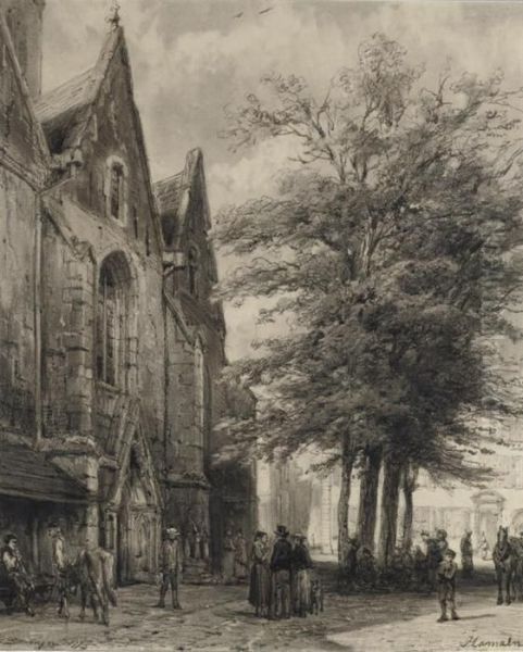 Elegant Townspeople In Front Of The The St. Joseph Church, Hameln Oil Painting by Cornelis Springer