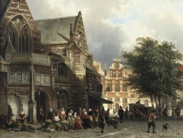 A Busy Market Day In Front Of The Oude Kerk, Amsterdam Oil Painting by Cornelis Springer