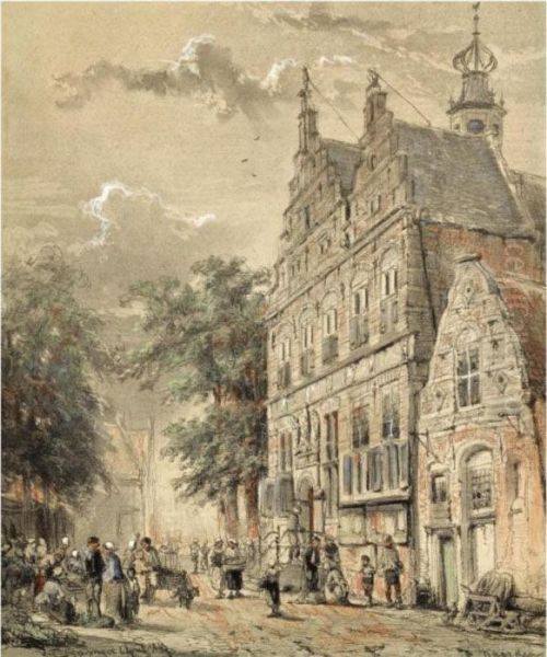 Many Figures In Front Of The Townhall, Naarden Oil Painting by Cornelis Springer