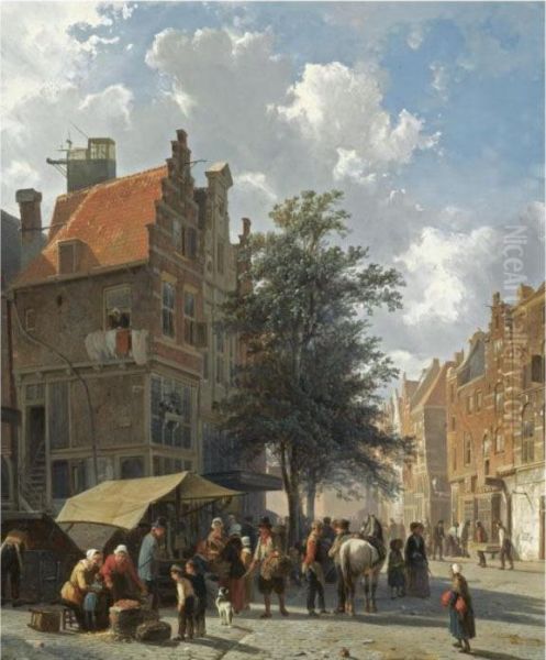 Market Scene In The Sunlit Streets Of A Dutch Town Oil Painting by Cornelis Springer