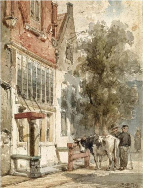 A Street Scene In Monnickendam Oil Painting by Cornelis Springer