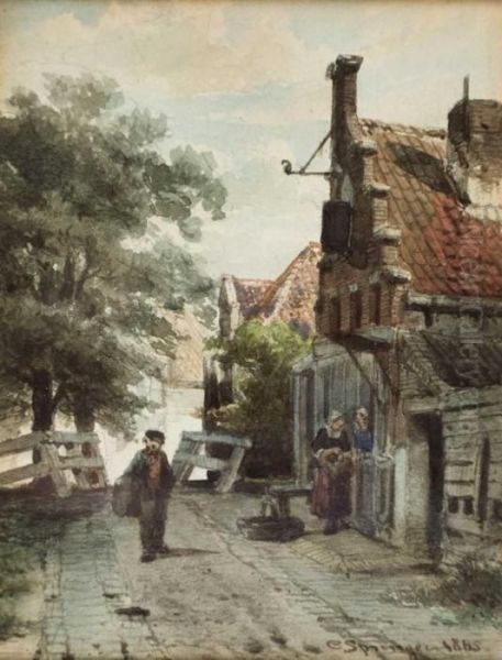 Hollandische Dorfstrasse Mit Figuren Oil Painting by Cornelis Springer