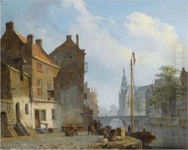 Figures On A Quay In A Dutch Town Oil Painting by Cornelis Springer