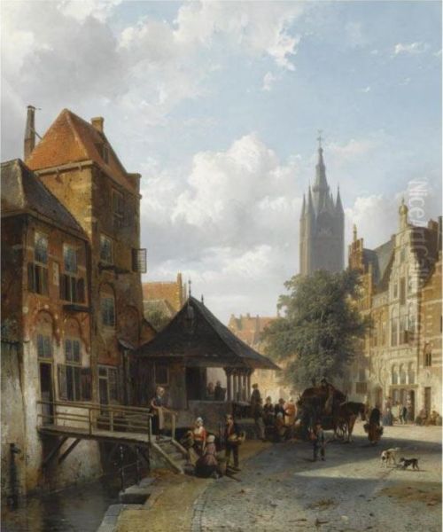 Figures At The Fish Market In Delft Oil Painting by Cornelis Springer