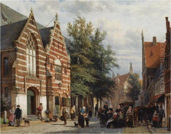 A View Of The Westerstraat With The Westerkerk, Enkhuizen Oil Painting by Cornelis Springer