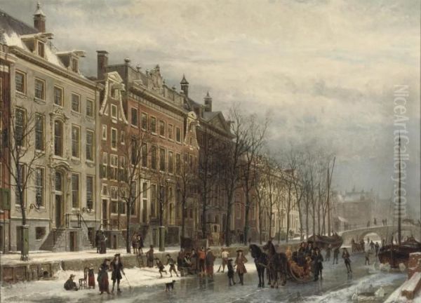 Gezicht Op De Heerengracht Bij 
Den Amstel In Het Einder Der 17deeeuw: Amsterdam In Winter Oil Painting by Cornelis Springer