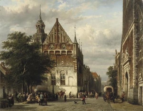 A Busy Market In Front Of The 
Town Hall, Kampen, With The Entrance Of The Nieuwe Toren On The Right Oil Painting by Cornelis Springer