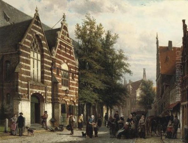 Activities In Front Of The Westerkerk, Enkhuizen Oil Painting by Cornelis Springer