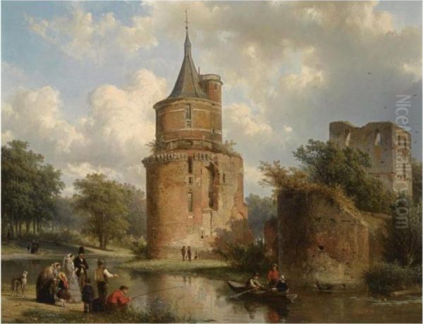 Figures At Leisure Near The Castle Of Wijk Bij Duurstede Oil Painting by Cornelis Springer