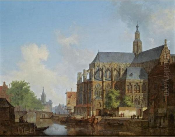 A View Of A Dutch Town With Figures By A Church Oil Painting by Cornelis Springer