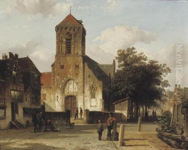 Stadsgezicht Met Bidkapel: Villagers Conversing In A Sunlit Street Oil Painting by Cornelis Springer