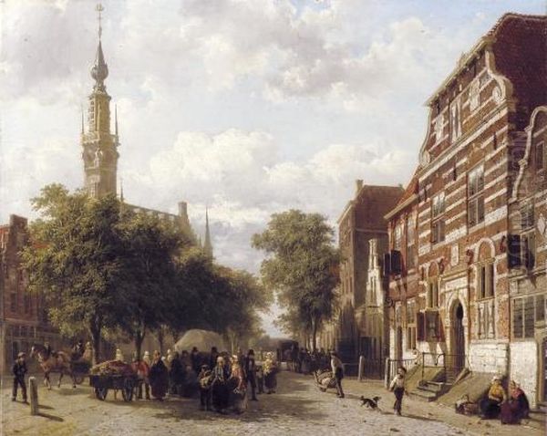 A Busy Market In Veere With The Bell-tower Of The Town Hall Beyond Oil Painting by Cornelis Springer