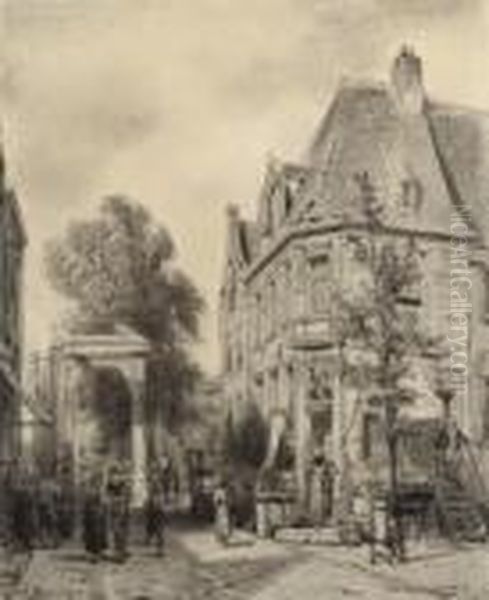 A Busy Street In Weesp Oil Painting by Cornelis Springer