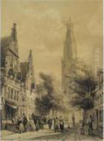 Figures In The Westerstraat With The Westerkerk In The Distance, Enkhuizen Oil Painting by Cornelis Springer