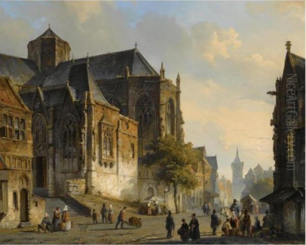 Figures On A Market Square In A Dutch Town Oil Painting by Cornelis Springer