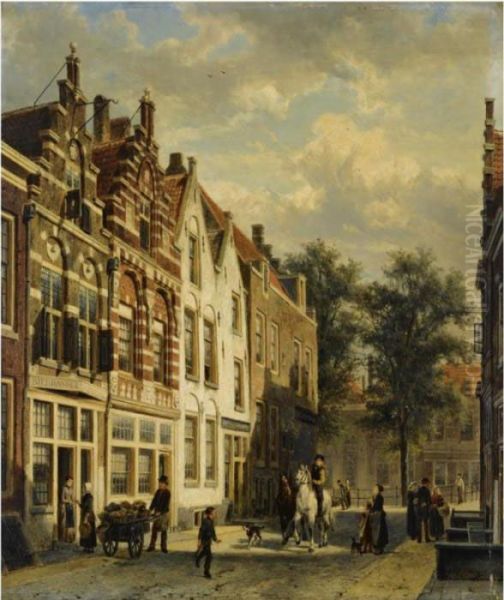 Figures In The Sunlit Streets Of A Dutch Town Oil Painting by Cornelis Springer