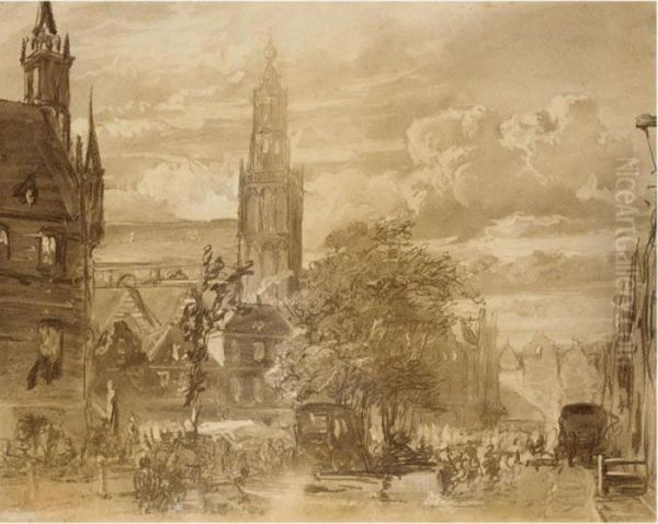 View Of The Townhall, Gouda Oil Painting by Cornelis Springer