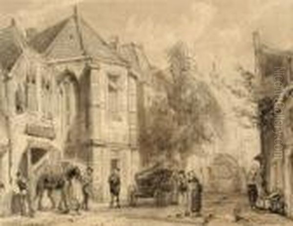 Many Figures In A Small Street In Oudewater Oil Painting by Cornelis Springer