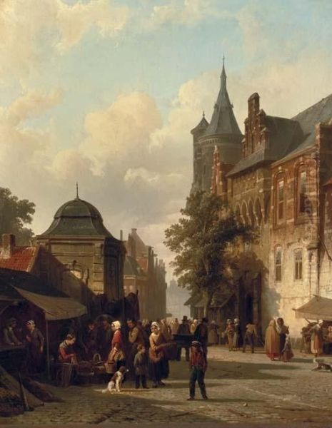 A Busy Market In A Dutch Town Oil Painting by Cornelis Springer