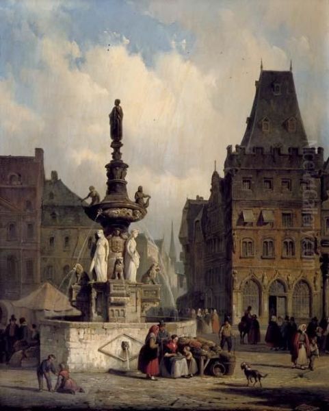 The Fountain On The Hauptmarkt, Trier Oil Painting by Cornelis Springer