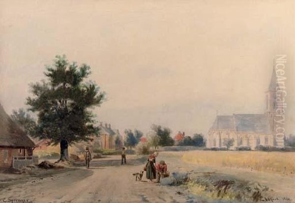 Walking Along A Path In Elspeet Oil Painting by Cornelis Springer