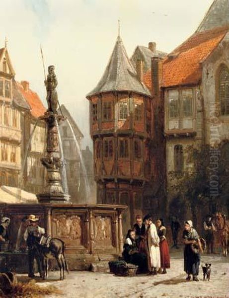 Marketday In Front Of The Town Hall Of Hildesheim Oil Painting by Cornelis Springer