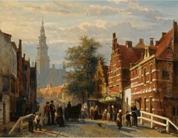 Gezicht Achter Het Stadhuis Te 
Bolsward (a View Of Bolsward With The Townhall In The Distance) Oil Painting by Cornelis Springer