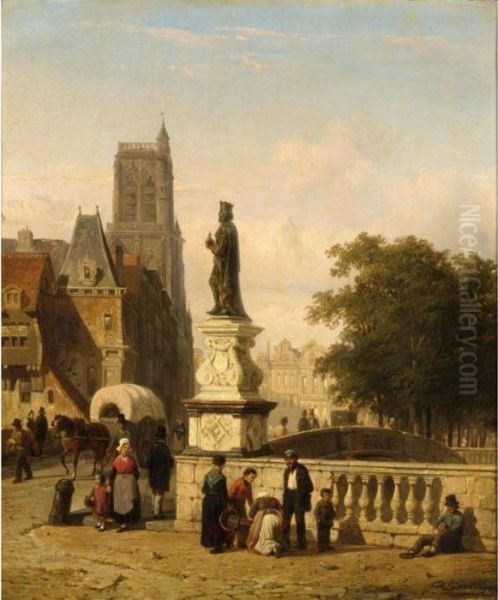 A View Of A Town In Summer With Town Folk Near A Bridge Oil Painting by Cornelis Springer