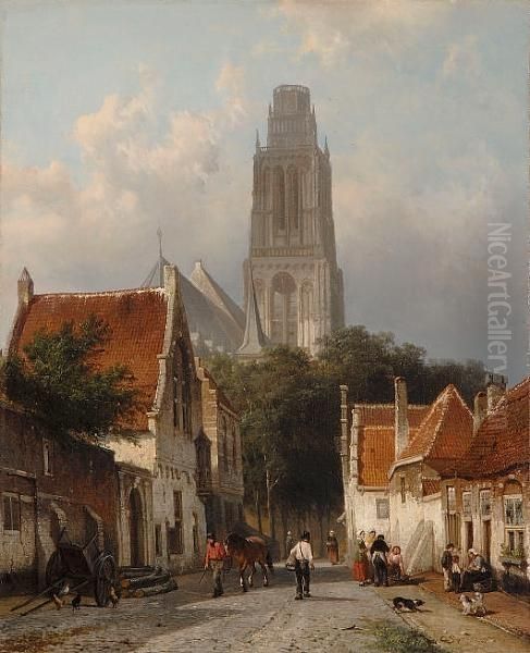 A Busy Street In Zaltbommel, The Sint Maartenskerk In The Background Oil Painting by Cornelis Springer