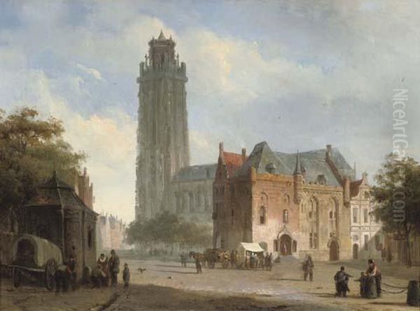 A Sunlit Townsquare With A Cathedral In The Distance Oil Painting by Cornelis Springer