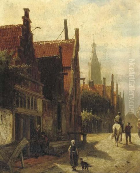 Townspeople On The Vijzelstraat, Enkhuizen Oil Painting by Cornelis Springer