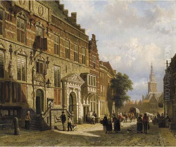 The Town Hall On The Burchtstraat With The St Stevenskerk Beyond Oil Painting by Cornelis Springer