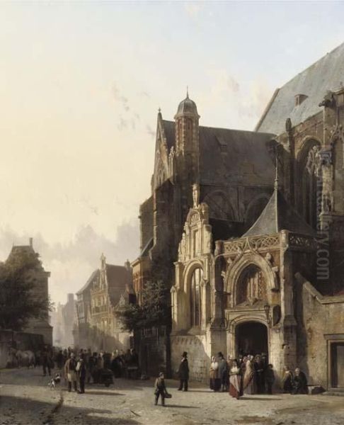 Numerous Figures Leaving Church In A Sunlit Street Oil Painting by Cornelis Springer