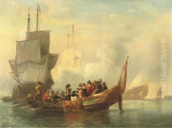 The Salute: A Noble Company Surveying A Fleet Oil Painting by Cornelis Springer