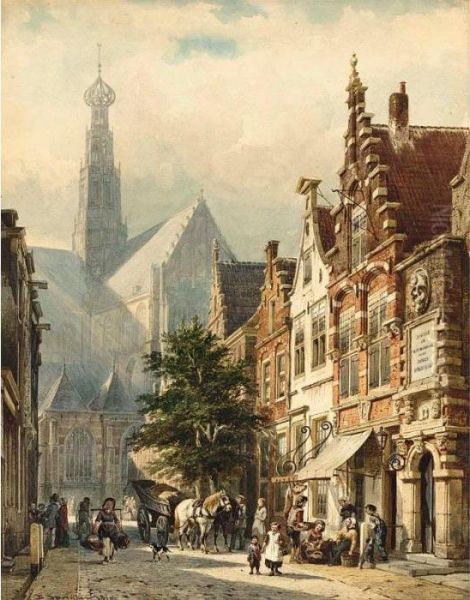 Many Figures In The Streets Of Haarlem Oil Painting by Cornelis Springer