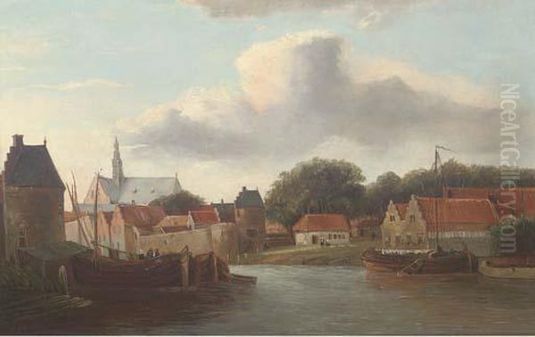 A Dutch River Town With Barges Oil Painting by Cornelis Springer