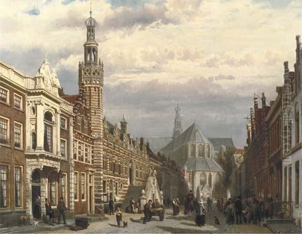 View Of The Town Hall And The St. Laurenschurch In Alkmaar Oil Painting by Cornelis Springer