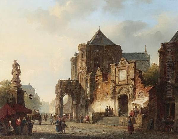 A Market Square In A German Town Oil Painting by Cornelis Springer