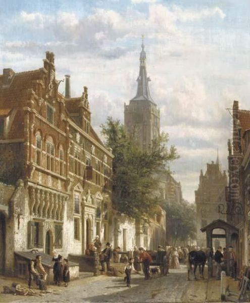 A Sunny View Of The Nieuwstraat Oil Painting by Cornelis Springer