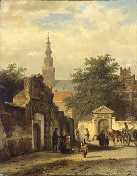 Figures In The Sunlit Streets Of A Dutch Town Oil Painting by Cornelis Springer