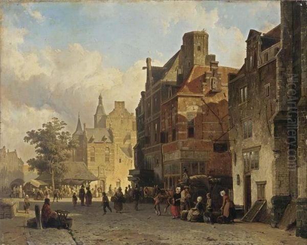 Figures On A Market Square Oil Painting by Cornelis Springer