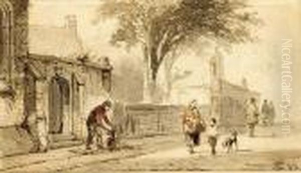 Figures In The Streets Of A Dutch Town Oil Painting by Cornelis Springer