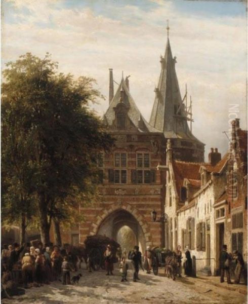 The Cellebroederspoort, Kampen Oil Painting by Cornelis Springer