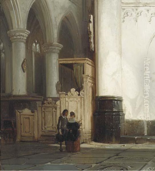 Church Interior With An Elegant Couple Oil Painting by Cornelis Springer