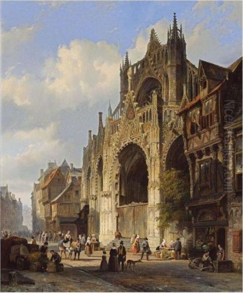 A Market In Front Of St. Maclou Cathedral, Rouen Oil Painting by Cornelis Springer